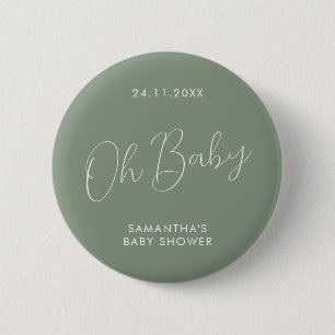 Minimalistische script saliegroene babyshower eleg ronde button 5,7 cm