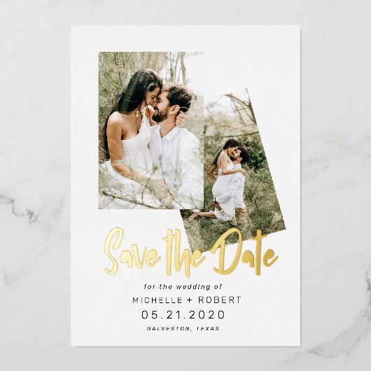 minimalistische script twee foto save the date folie uitnodiging (Voorkant)