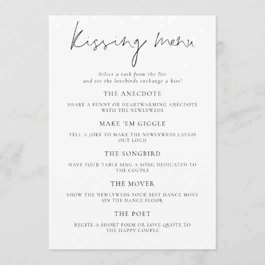 Minimalistische Script Wedding Kissing Menu Game K Kaart (Voorkant)