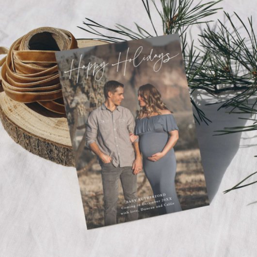 Minimalistische Script Zwangerschapsfoto  Feestdagenkaart