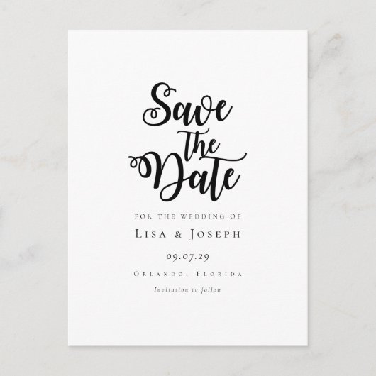 Minimalistische script zwart-wit save the date aankondigingskaart (Voorkant)