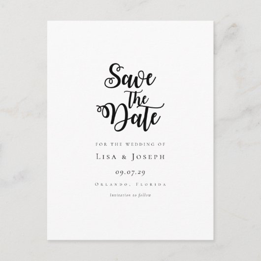 Minimalistische script zwart-wit save-the-date briefkaart (Voorkant)