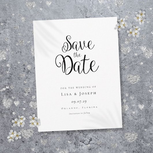 Minimalistische script zwart-wit save-the-date briefkaart