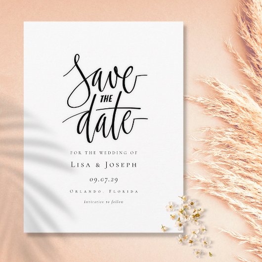 Minimalistische script zwart-wit save-the-date briefkaart