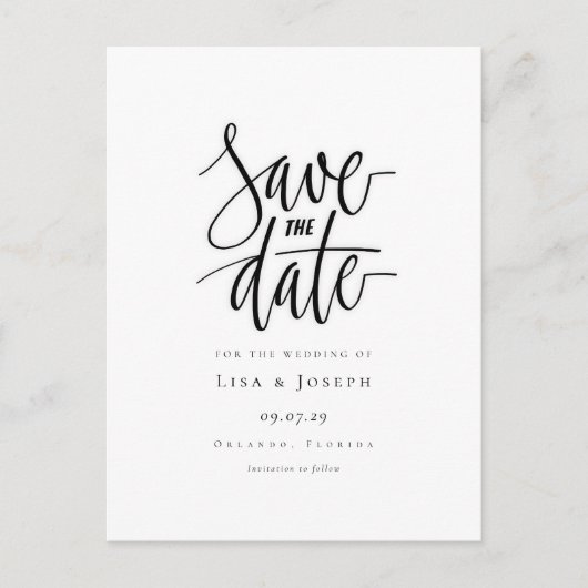 Minimalistische script zwart-wit save-the-date briefkaart (Voorkant)