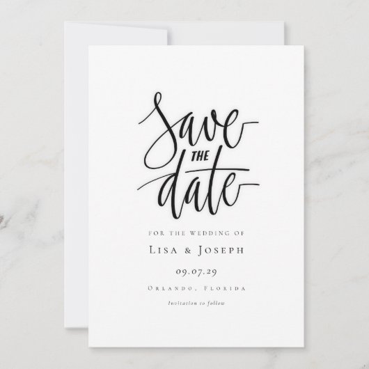 Minimalistische script zwart-wit save-the-date kaart (Voorkant)