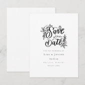 Minimalistische script zwart-wit save-the-datekaar aankondigingskaart (Voorkant / Achterkant)