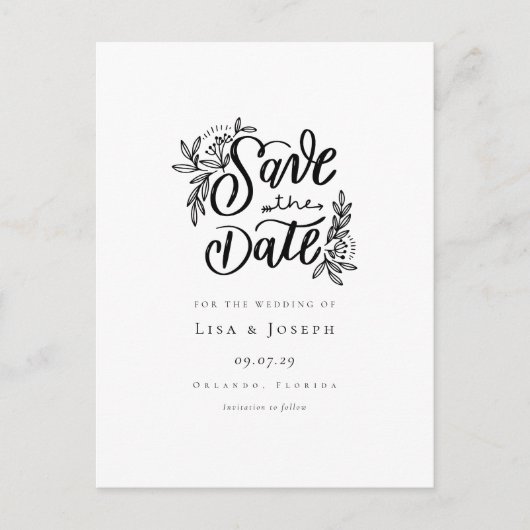 Minimalistische script zwart-wit save-the-datekaar aankondigingskaart (Voorkant)