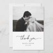 Minimalistische script zwart-wit trouwfoto bedankkaart (Voorkant)