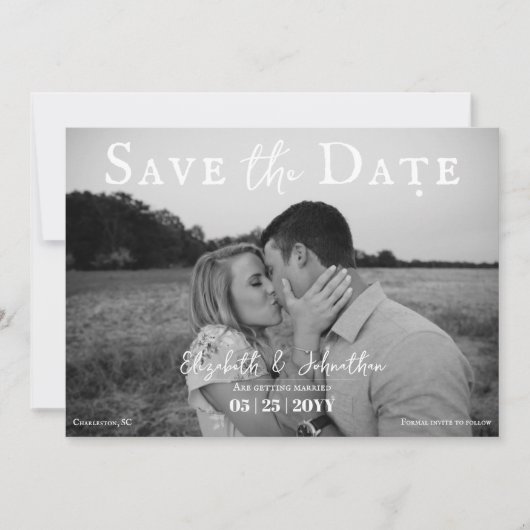 Minimalistische scriptfoto | Wit Save The Date (Voorkant)