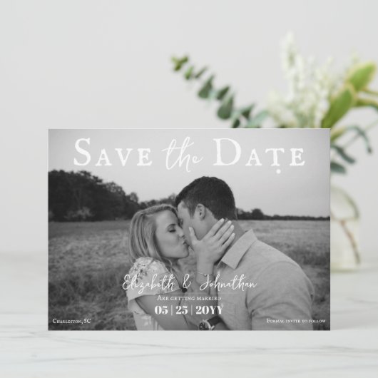 Minimalistische scriptfoto | Wit Save The Date (Staand voorkant)