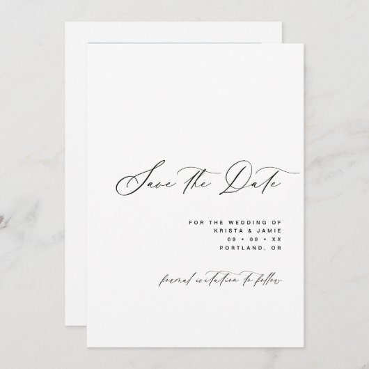 Minimalistische Scriptie Zwart & Wit Foto Bruiloft Save The Date (Voorkant / Achterkant)