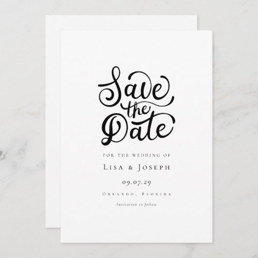 Minimalistische scriptie zwart-wit Save the Date (Voorkant / Achterkant)