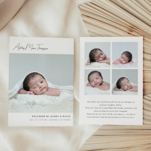 Minimalistische scriptlettering 5-foto babygeboort aankondiging