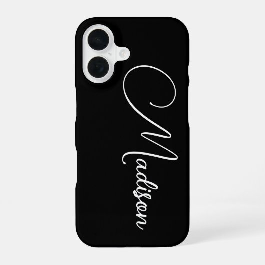 Minimalistische scriptnaam op zwart iPhone 16 hoesje (Achterkant)