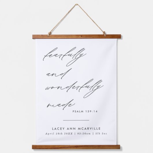 Minimalistische scriptpagina Birth Details Nursery Hangend Wandkleed (Voorkant)