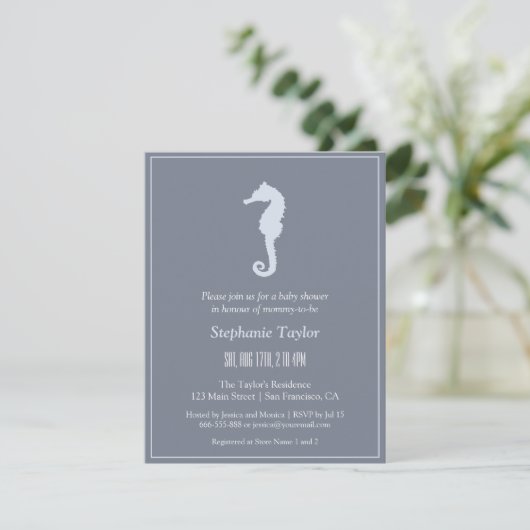 Minimalistische Seahorse Ocean Baby Shower Invitat Kaart (Staand voorkant)