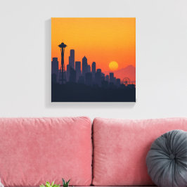 Minimalistische Seattle Silhouette bij Zonsonderga Canvas Afdruk