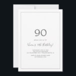 Minimalistische Silver 90th Birthday Party Invitat Kaart<br><div class="desc">Deze minimalistische zilveren uitnodiging van het 90ste verjaardagsfeest is perfect voor een eenvoudig verjaardagsfeest. Het moderne romantische ontwerp biedt klassieke zilvergrijze en witte typografie in combinatie met een robuuste, maar elegante kalligrafie met stijl met handschrift. in elke kleur. Houd het ontwerp eenvoudig en elegant, zoals het is, of personaliseer het...</div>