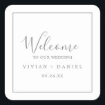 Minimalistische Silver Wedding Welcome Square Stic Vierkante Sticker<br><div class="desc">Deze minimalistische zilveren trouwwelkomststickers zijn perfect voor een eenvoudige bruiloft. Het moderne romantische ontwerp biedt klassieke zilvergrijze en witte typografie in combinatie met een robuuste, maar elegante kalligrafie met stijl met handschrift. in elke kleur. Houd het ontwerp eenvoudig en elegant, zoals het is, of personaliseer het door uw eigen grafiek...</div>