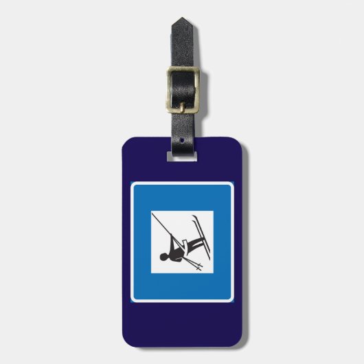 Minimalistische skilift symbool met blauwe rand bagagelabel (Voorkant verticaal)
