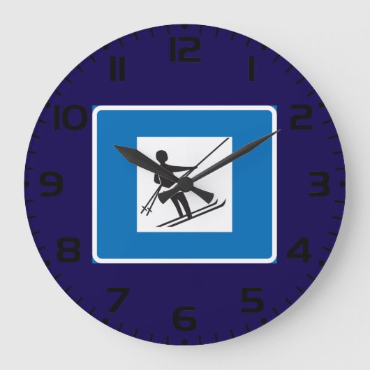 Minimalistische skilift symbool met blauwe rand grote klok (Voorkant)