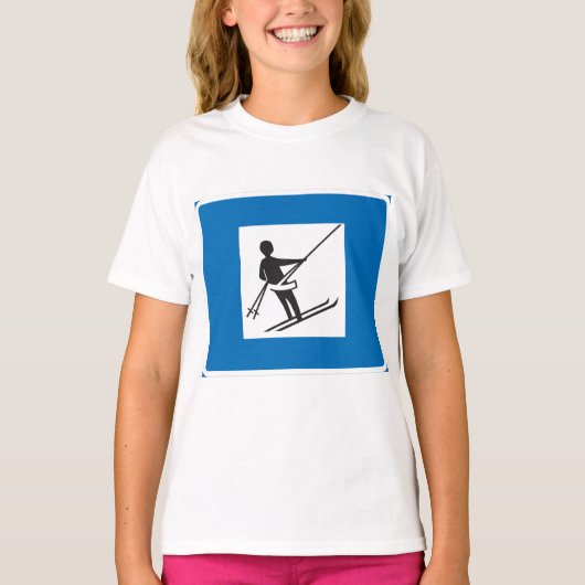 Minimalistische skilift symbool met blauwe rand t-shirt (Voorkant)