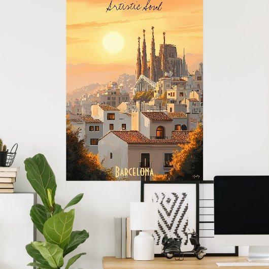 Minimalistische skyline van Barcelona – Soft Tone  Poster (Thuiskantoor)