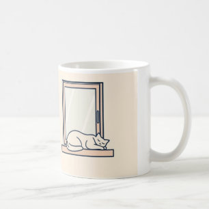 Minimalistische Slaapkat op Windowsill – Gezellige Koffiemok