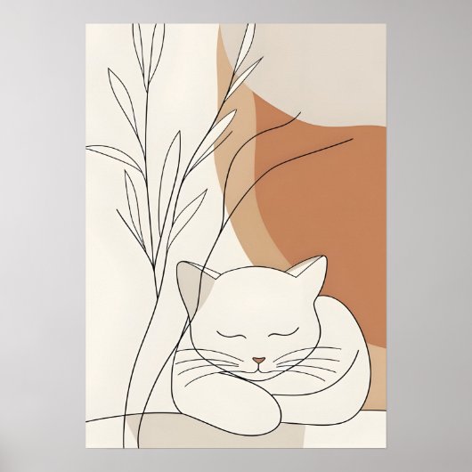 Minimalistische Slapende Kat & Boho Botanisch Poster (Voorkant)
