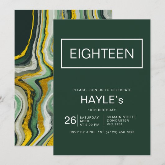 Minimalistische smaragdgroen en goud 18e verjaarda kaart (Voorkant / Achterkant)