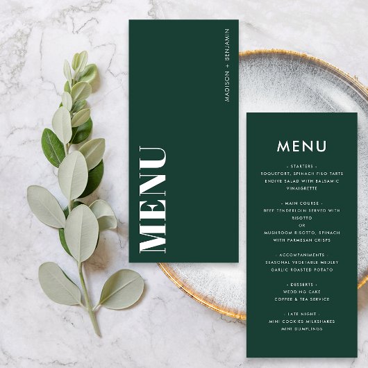 Minimalistische smaragdgroene moderne bruiloft met menu