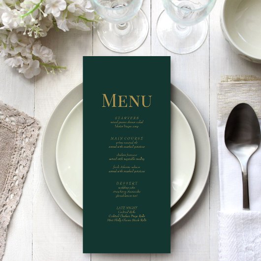 Minimalistische smaragdgroene monogram trouw menu