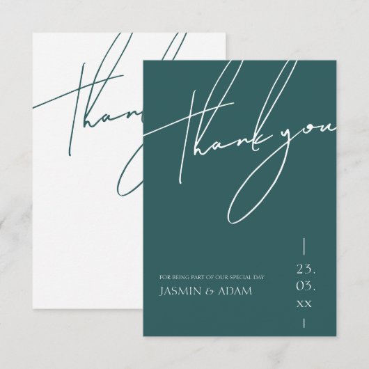 Minimalistische smaragdgroene script typografie tr bedankkaart (Voorkant / Achterkant)
