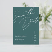 Minimalistische smaragdgroene script typografie tr save the date (Staand voorkant)
