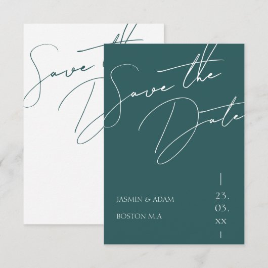 Minimalistische smaragdgroene script typografie tr save the date (Voorkant / Achterkant)