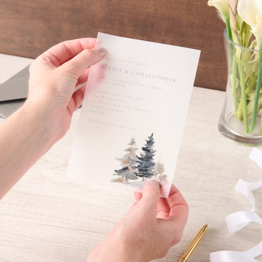 Minimalistische Sneeuwbomen Winter Wedding Vellum Uitnodigingen (Draagbaar)