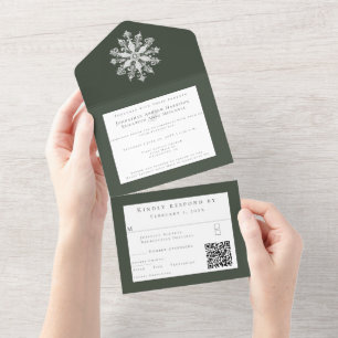 Minimalistische sneeuwvlok bruiloft Green All In One Uitnodiging