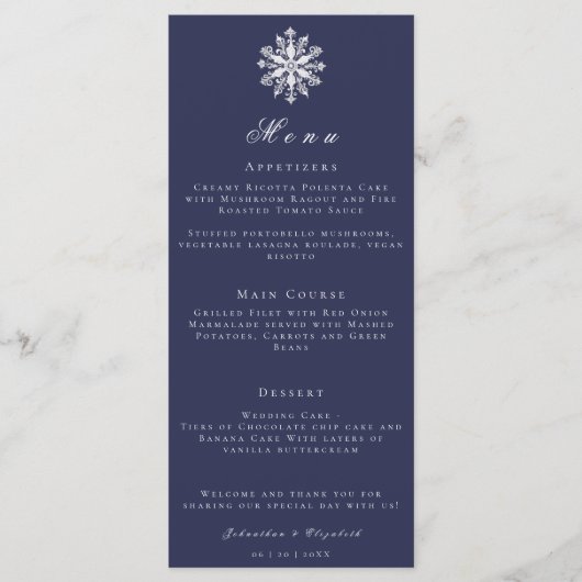 minimalistische sneeuwvlok | Navy Blue Wedding Men Menu (Voorkant)
