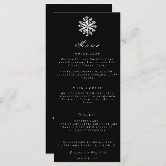minimalistische sneeuwvlok | Zwart huwelijksmenu Menu (Voorkant / Achterkant)