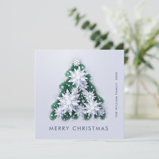 Minimalistische sneeuwvlokken kerstboom groet feestdagenkaart (Staand voorkant)