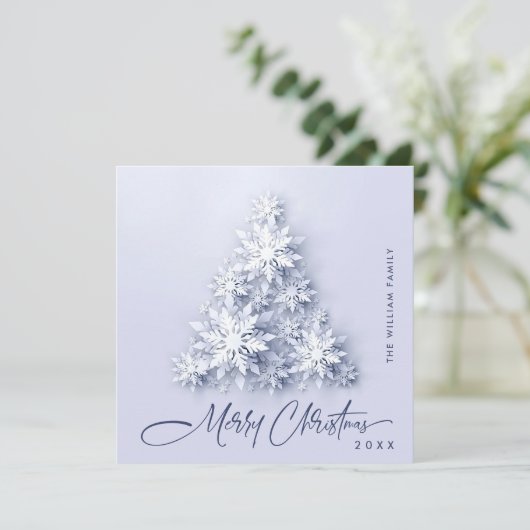 Minimalistische sneeuwvlokken kerstboom groet feestdagenkaart (Staand voorkant)