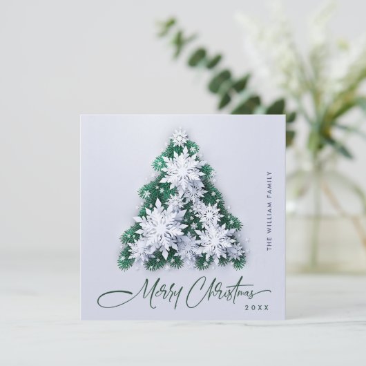 Minimalistische sneeuwvlokken kerstboom groet feestdagenkaart (Staand voorkant)