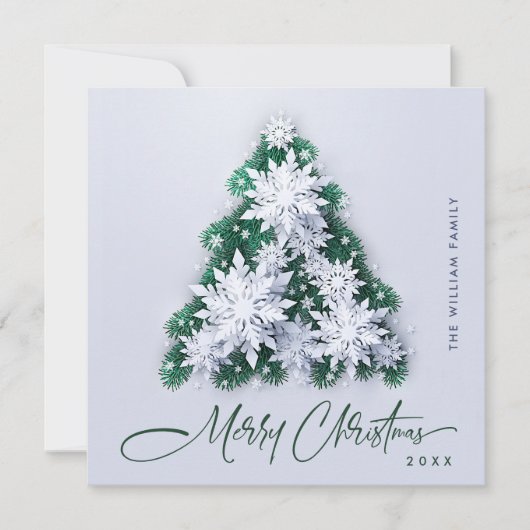 Minimalistische sneeuwvlokken kerstboom groet feestdagenkaart (Voorkant)