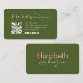 Minimalistische sociale media QR-code Moss Green P Visitekaartje (Voorkant / Achterkant)