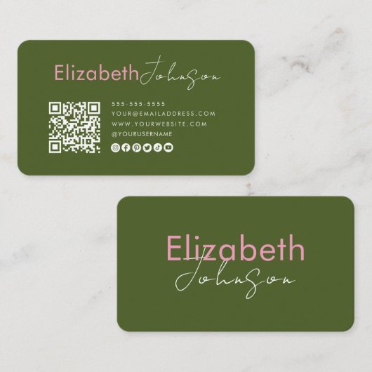 Minimalistische sociale media QR-code Moss Green P Visitekaartje (Voorkant / Achterkant)