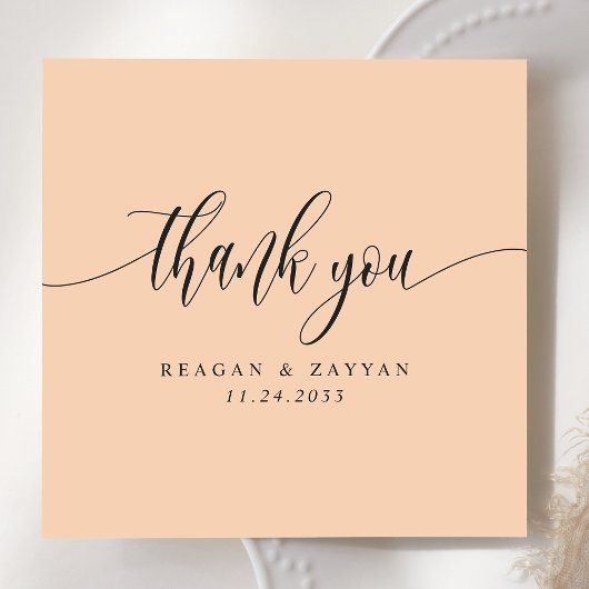Minimalistische Soft Peach Script Trouwkaart Bedankkaart