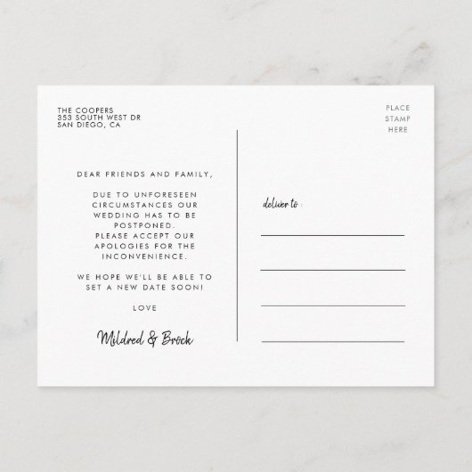 Minimalistische Sorry bruiloft update Briefkaart (Achterkant)