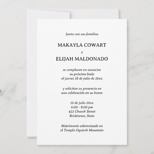 Minimalistische Spaans-Engelse bruiloft receptie Kaart (Achterkant)