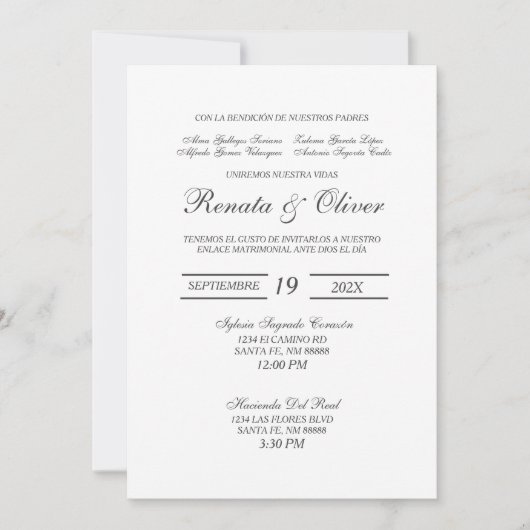 Minimalistische Spaanse bruiloft uitnodiging (Voorkant)